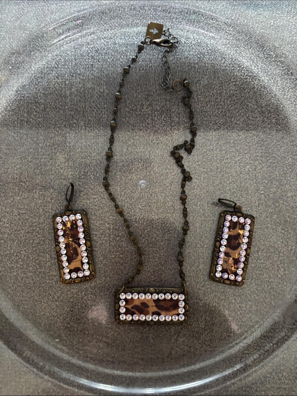 Women Jewelry Leopard Print Australian Crystal Rectangle Necklace & Earrings 18”